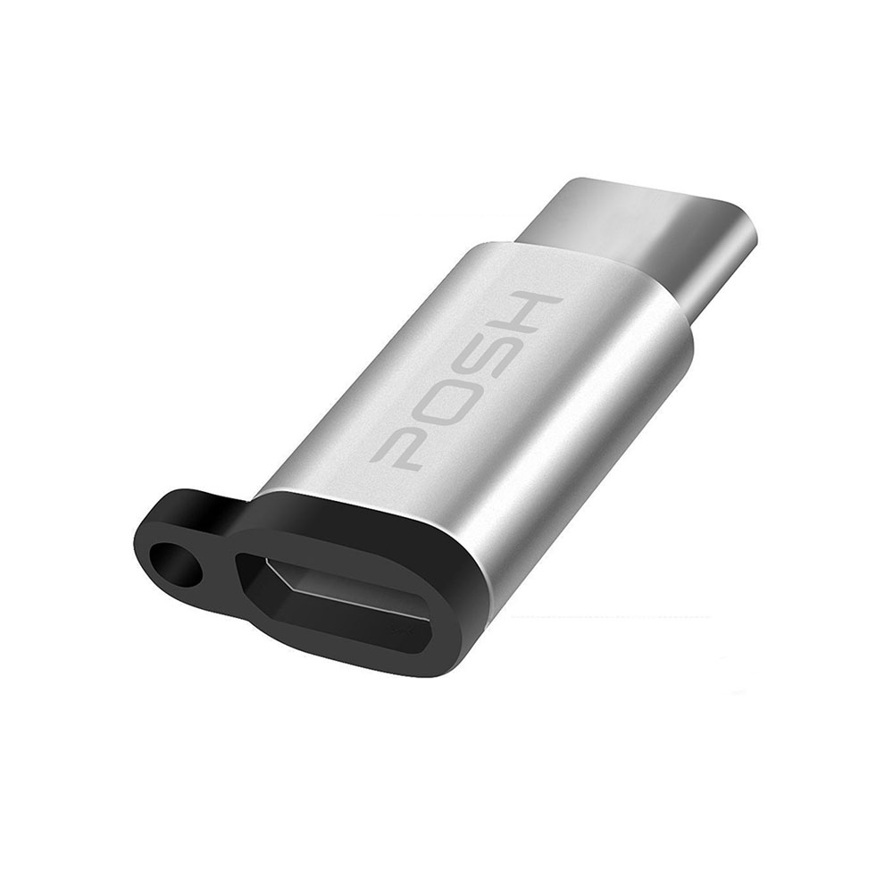 Adaptador Posher Micro USB para USB C em metal com cordao para cabo USB Prateado