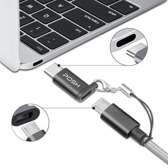 Adaptador Posher Micro USB para USB C em metal com cordao para cabo USB Prateado