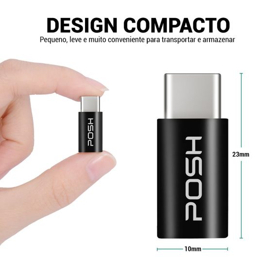 Adaptador Posher Micro USB para USB C em ABS para cabo USB Preto